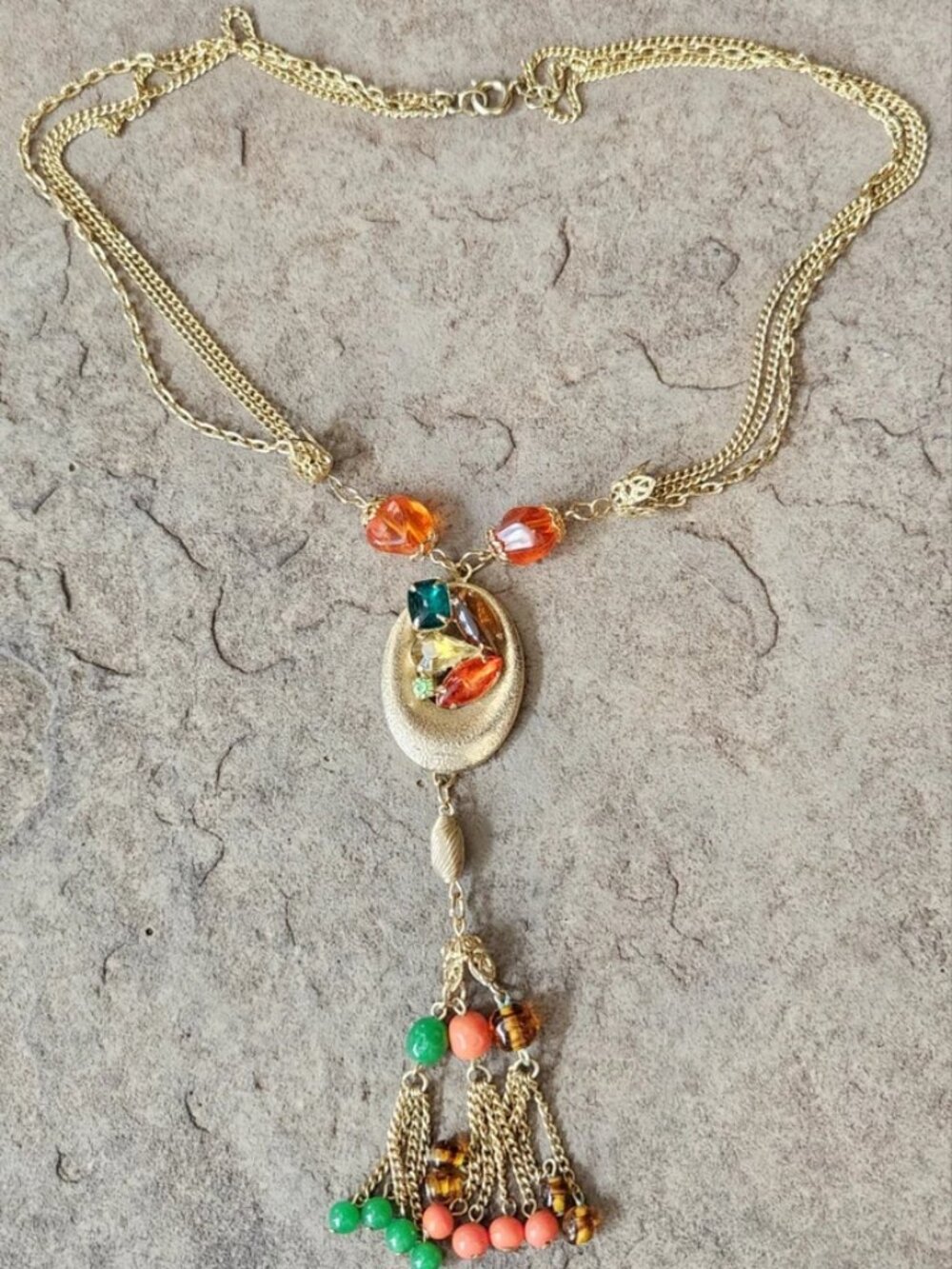 Vtg Statement Necklace Gold Tone Multi Chain & Colored Rhinestone Beaded Tassel - Picture 15 of 16